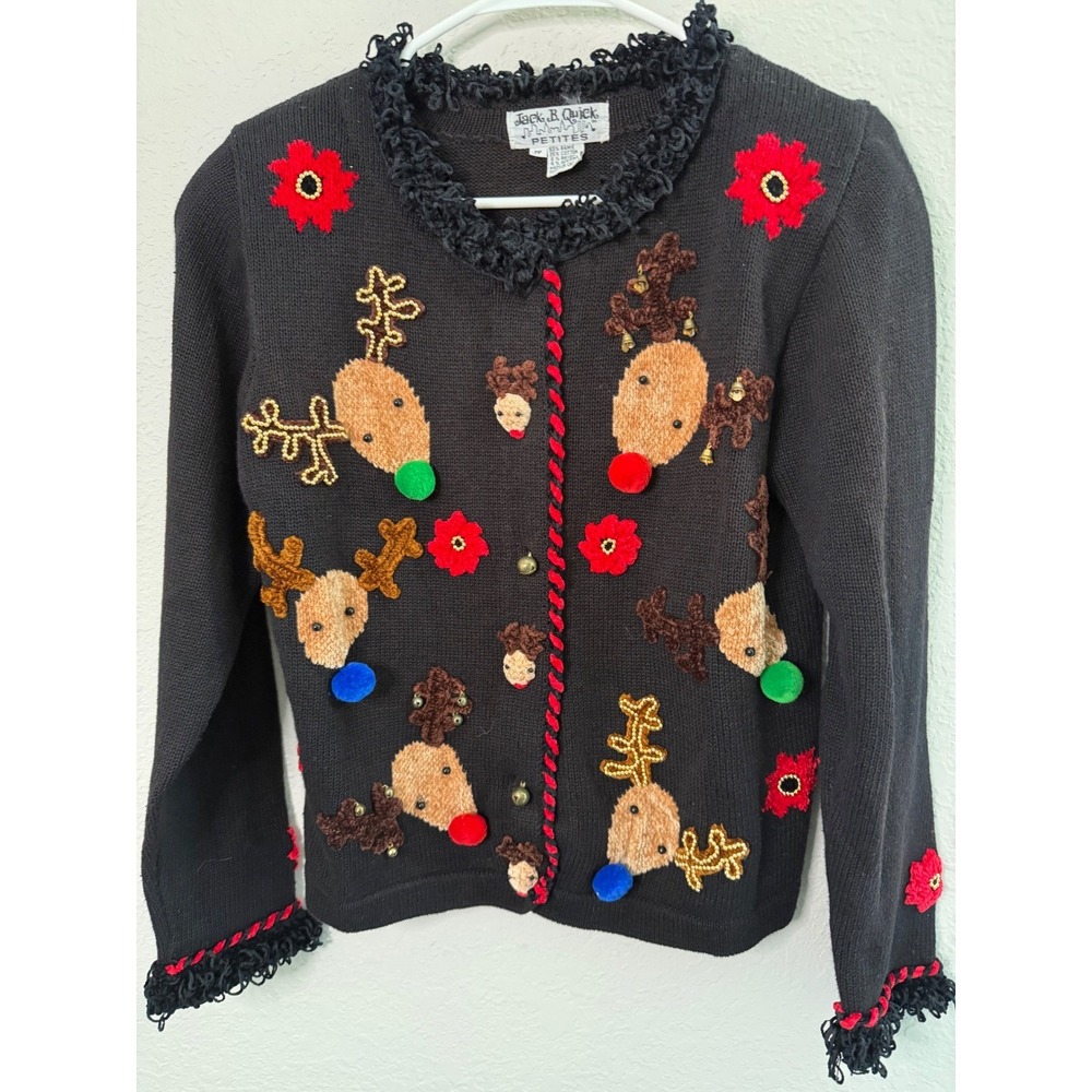 Jack B. Quick Petites SM VTG Cardigan Sweater Black Reindeer Novelty Bells